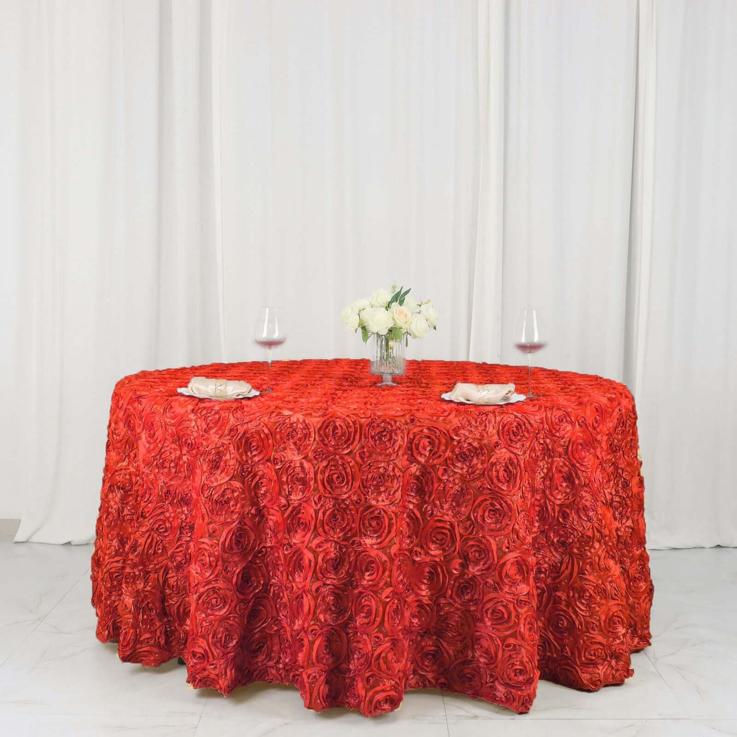 Satin 120" Round Tablecloth Red - Grandiose 3D Rosette with Seamless Finish Table Cover - Linen Luxes
