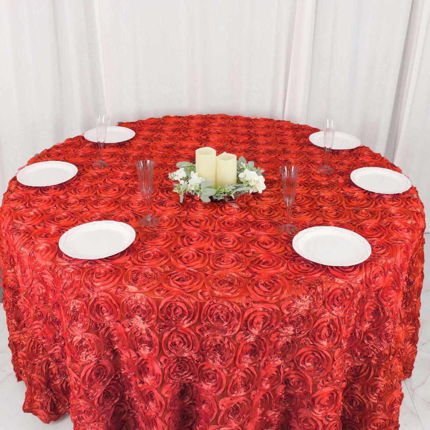 Satin 120" Round Tablecloth Red - Grandiose 3D Rosette with Seamless Finish Table Cover - Linen Luxes
