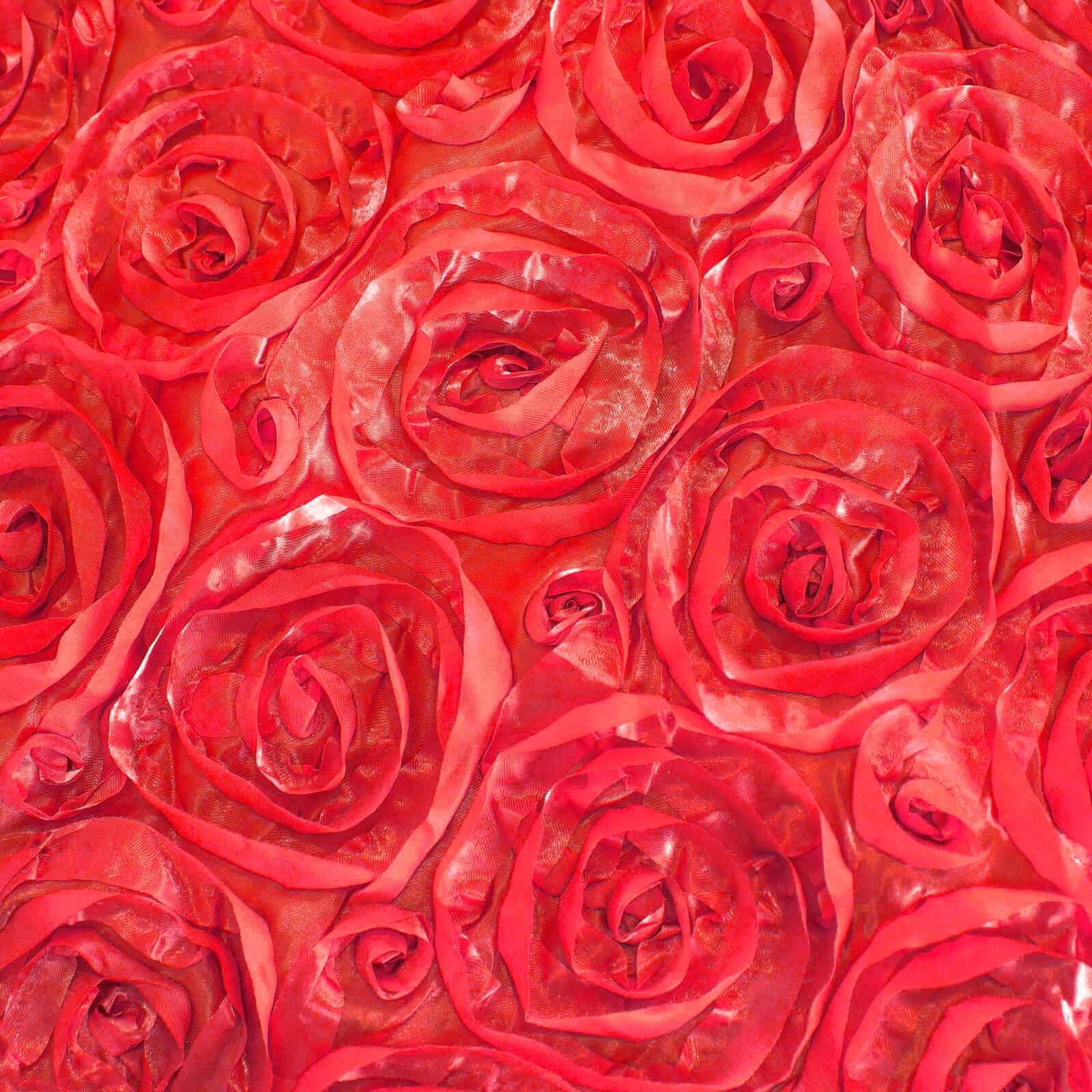 Satin 120" Round Tablecloth Red - Grandiose 3D Rosette with Seamless Finish Table Cover - Linen Luxes