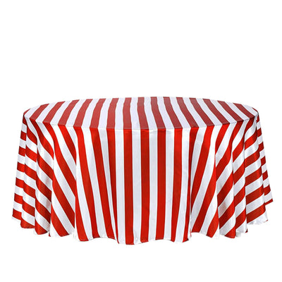 Satin 120" Round Tablecloth Red/White - Stripe Design with Seamless Silky Smooth Finish Table Cover - Linen Luxes