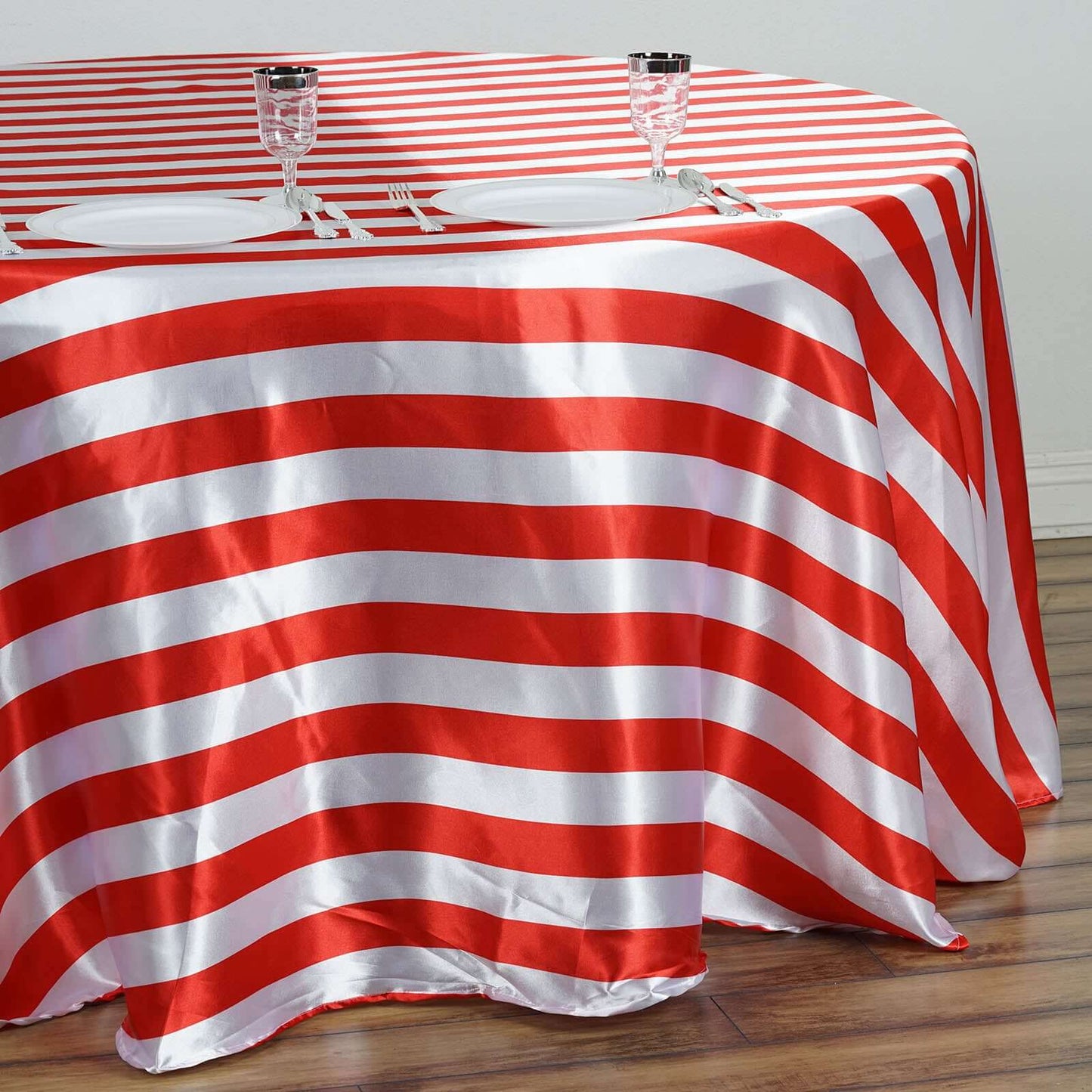 Satin 120" Round Tablecloth Red/White - Stripe Design with Seamless Silky Smooth Finish Table Cover - Linen Luxes