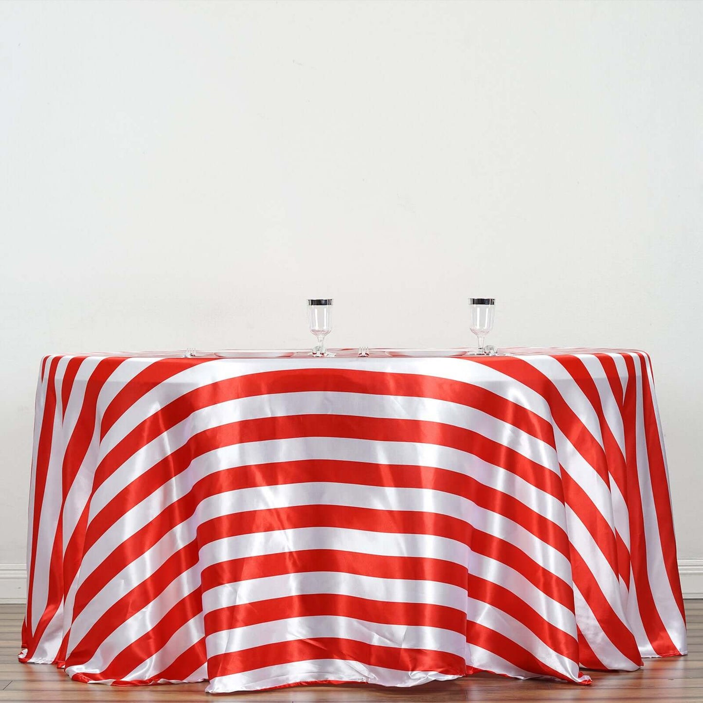 Satin 120" Round Tablecloth Red/White - Stripe Design with Seamless Silky Smooth Finish Table Cover - Linen Luxes