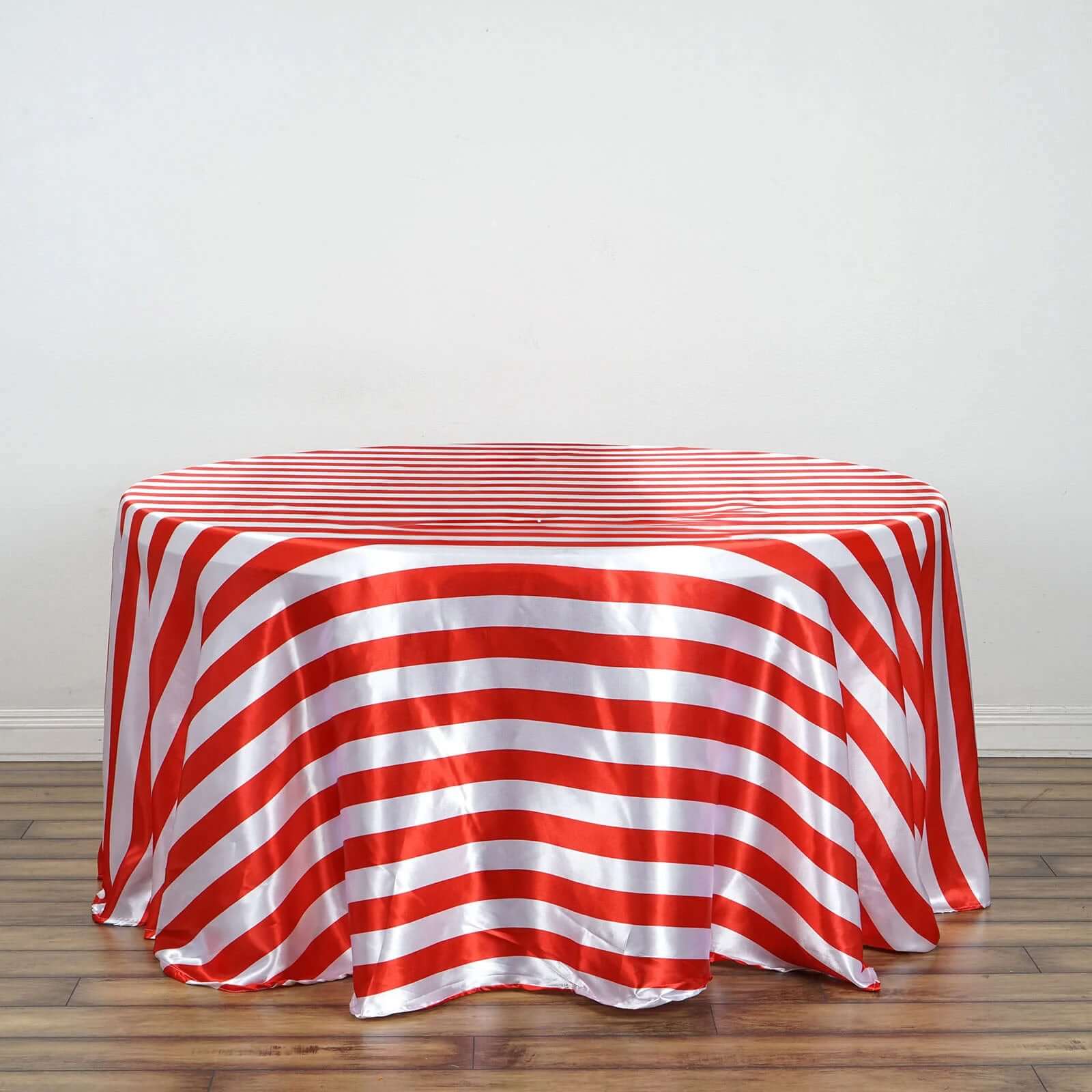 Satin 120" Round Tablecloth Red/White - Stripe Design with Seamless Silky Smooth Finish Table Cover - Linen Luxes