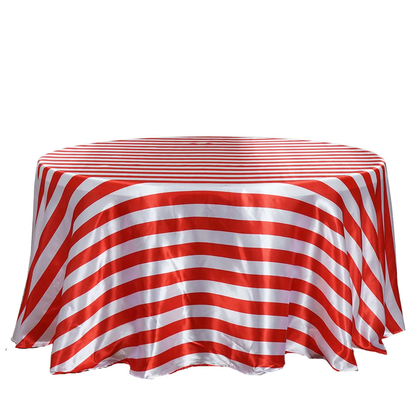 Satin 120" Round Tablecloth Red/White - Stripe Design with Seamless Silky Smooth Finish Table Cover - Linen Luxes