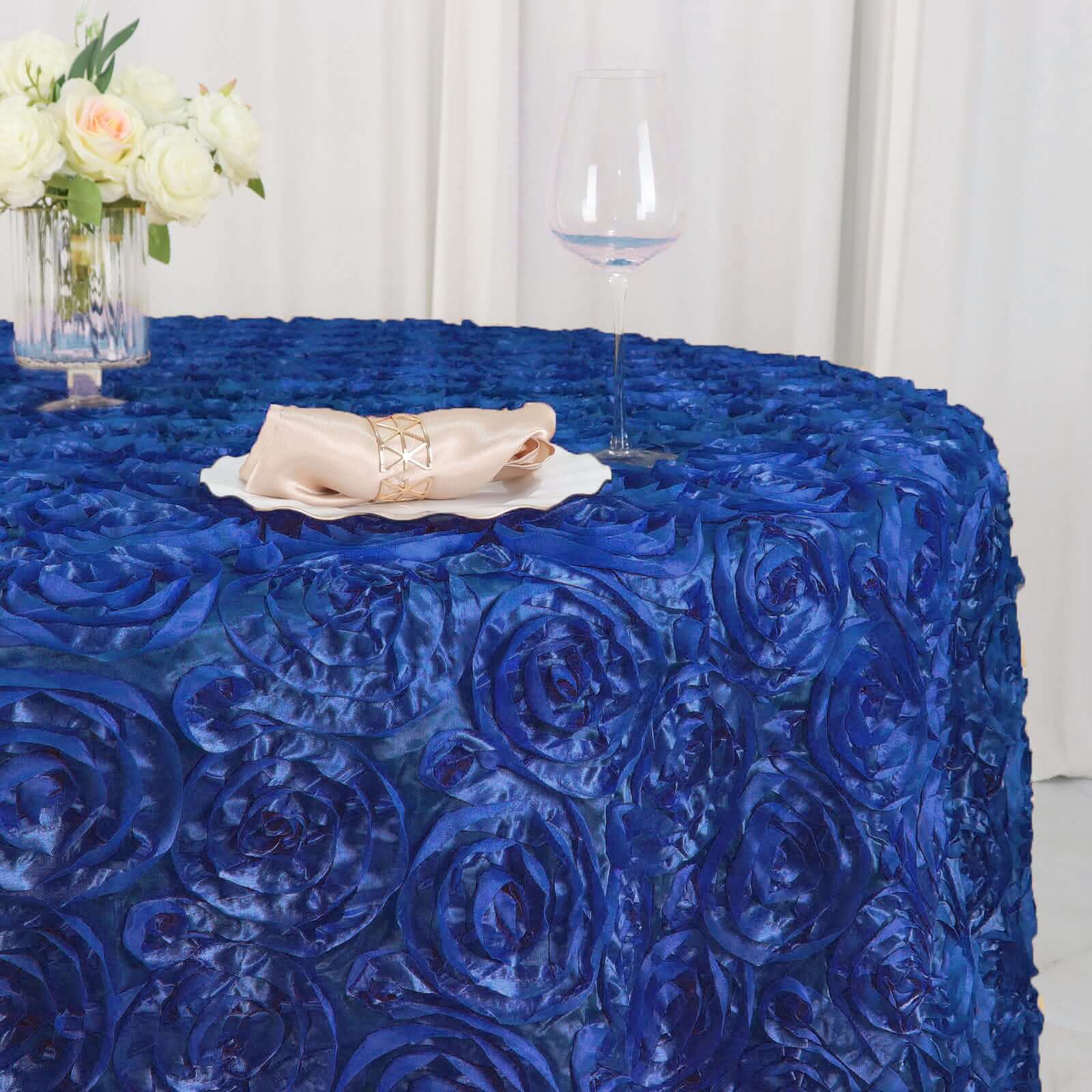 Satin 120" Round Tablecloth Royal Blue - Grandiose 3D Rosette with Seamless Finish Table Cover - Linen Luxes