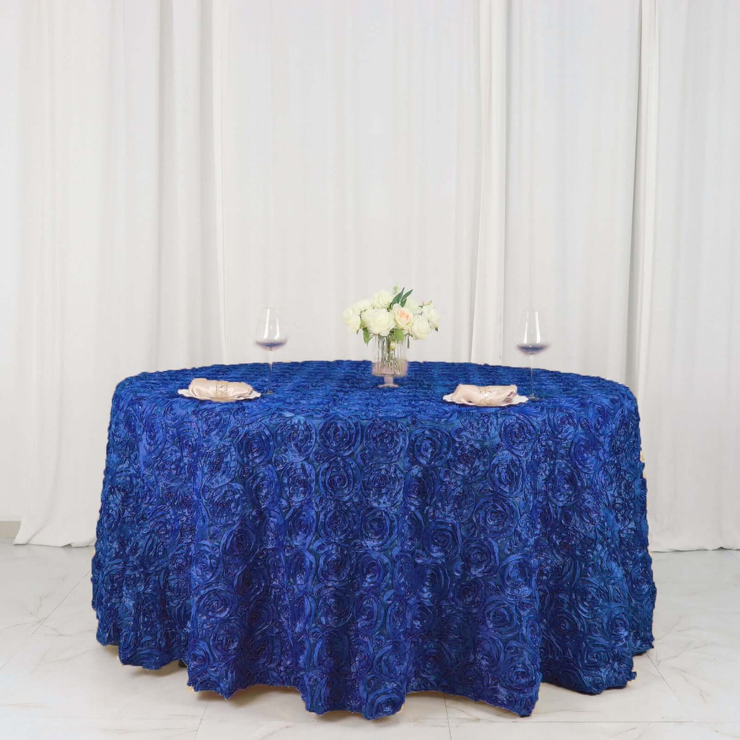 Satin 120" Round Tablecloth Royal Blue - Grandiose 3D Rosette with Seamless Finish Table Cover - Linen Luxes