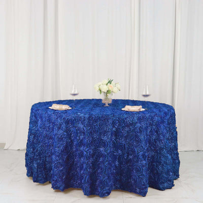 Satin 120" Round Tablecloth Royal Blue - Grandiose 3D Rosette with Seamless Finish Table Cover - Linen Luxes