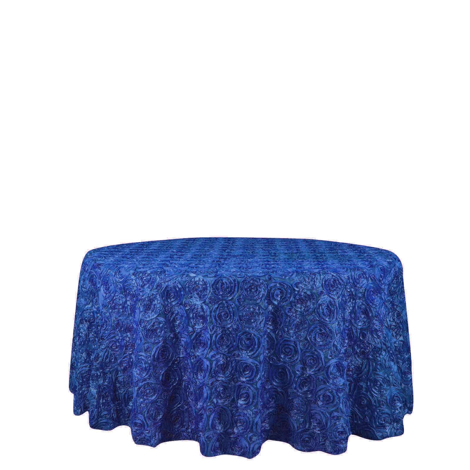 Satin 120" Round Tablecloth Royal Blue - Grandiose 3D Rosette with Seamless Finish Table Cover - Linen Luxes