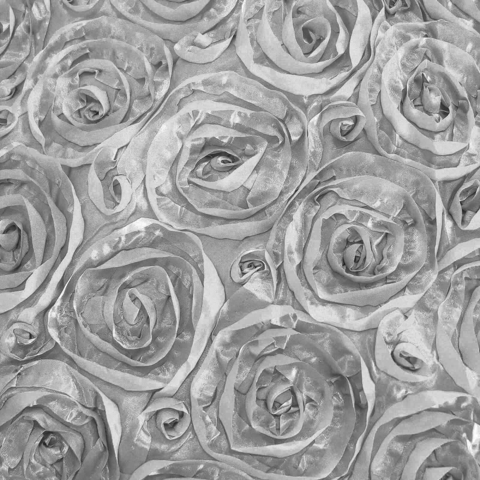 Satin 120" Round Tablecloth Silver - Grandiose 3D Rosette Design with Seamless Finish for Luxe Events - Linen Luxes