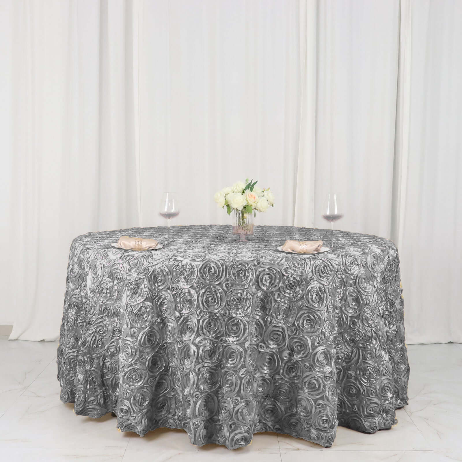 Satin 120" Round Tablecloth Silver - Grandiose 3D Rosette Design with Seamless Finish for Luxe Events - Linen Luxes