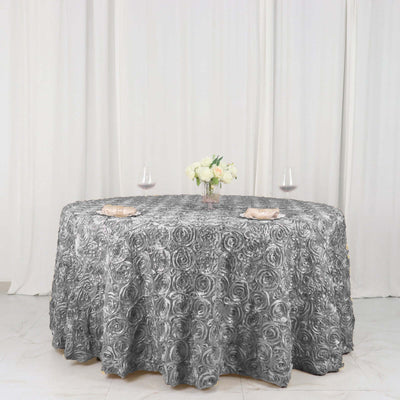 Satin 120" Round Tablecloth Silver - Grandiose 3D Rosette Design with Seamless Finish for Luxe Events - Linen Luxes