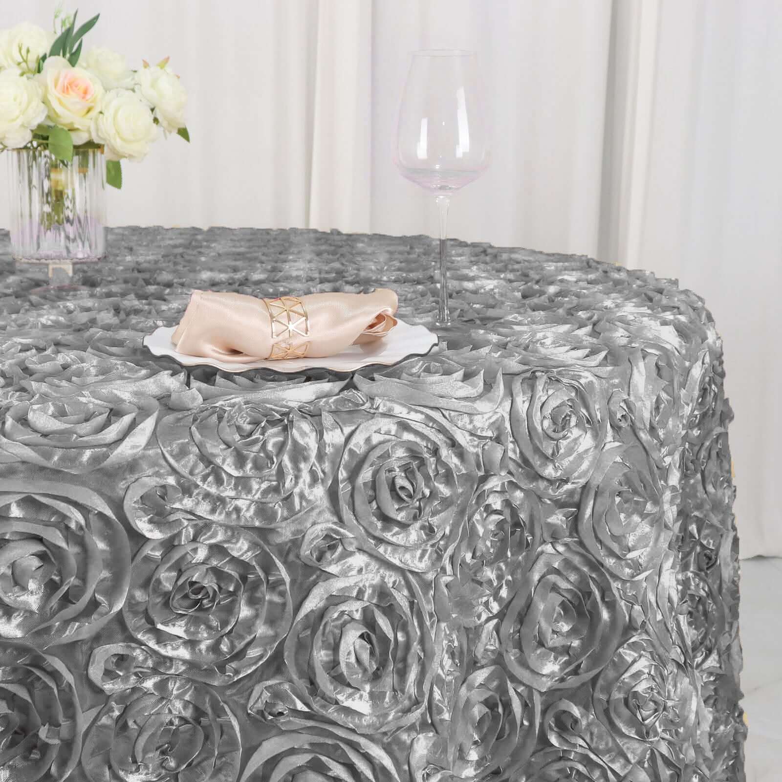 Satin 120" Round Tablecloth Silver - Grandiose 3D Rosette Design with Seamless Finish for Luxe Events - Linen Luxes