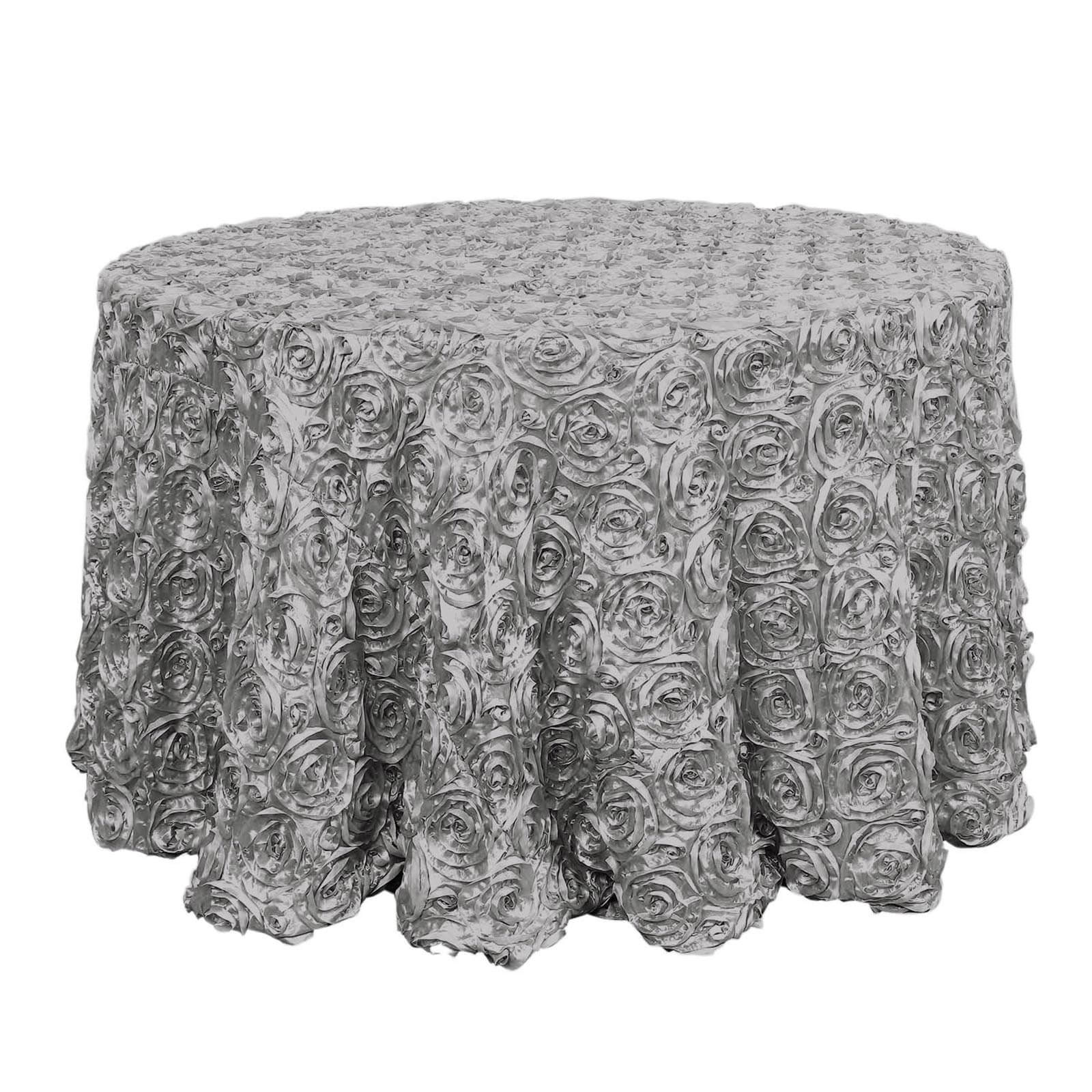 Satin 120" Round Tablecloth Silver - Grandiose 3D Rosette Design with Seamless Finish for Luxe Events - Linen Luxes