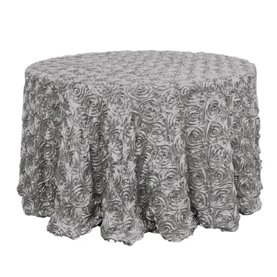 Satin 120" Round Tablecloth Silver - Grandiose 3D Rosette Design with Seamless Finish for Luxe Events - Linen Luxes