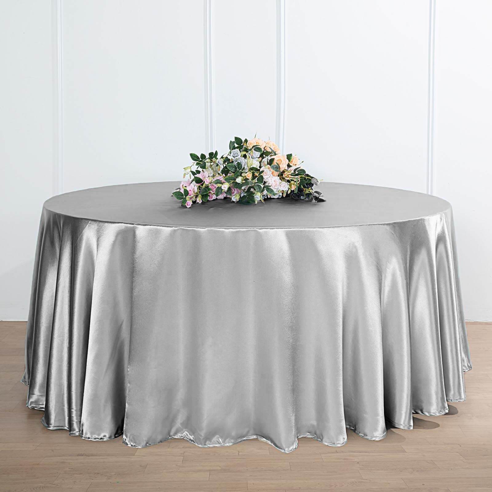 Satin 120" Round Tablecloth Silver - Stylish Seamless Table Cover - Linen Luxes