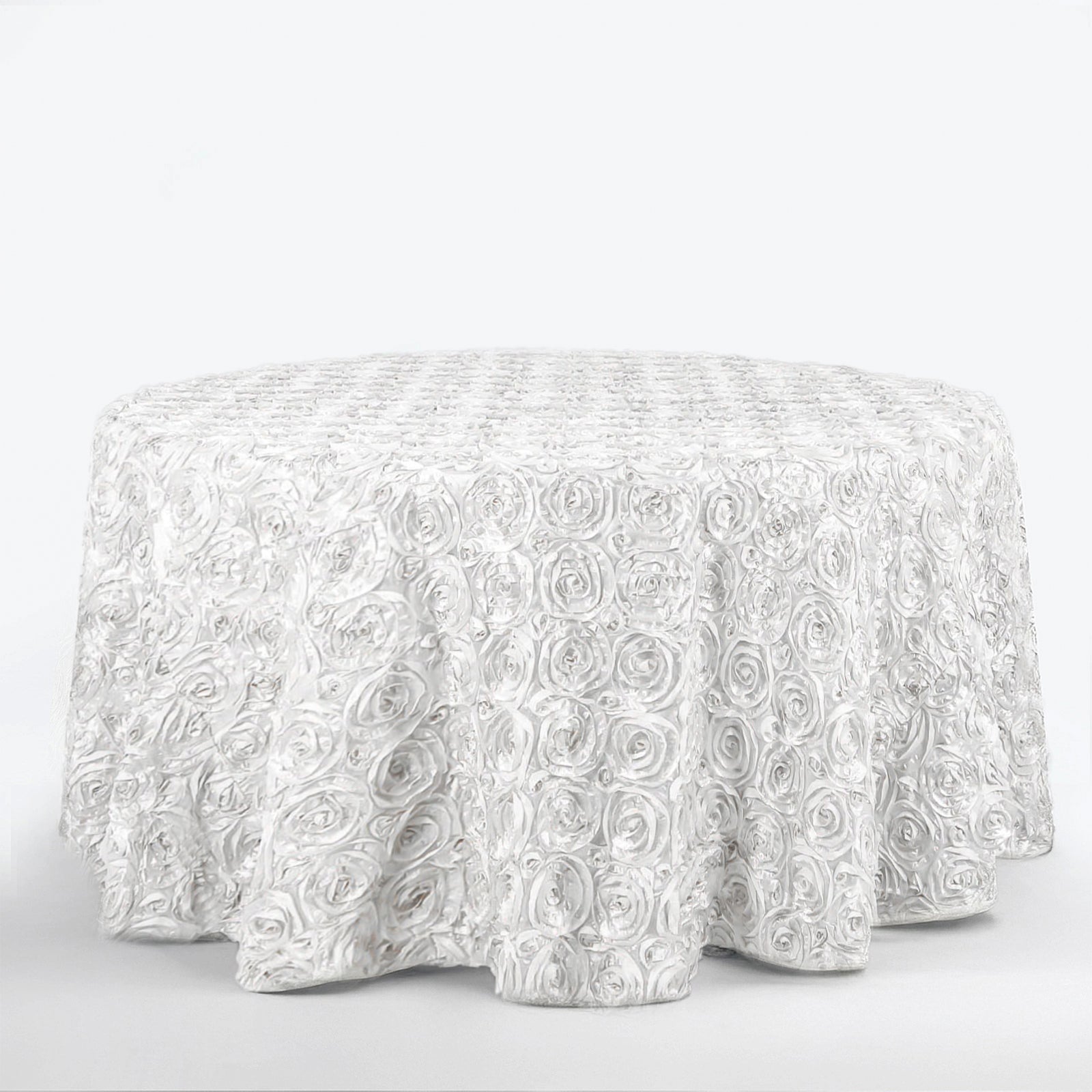 Satin 120" Round Tablecloth White - Grandiose 3D Rosette Design with Seamless Finish for Luxe Events - Linen Luxes