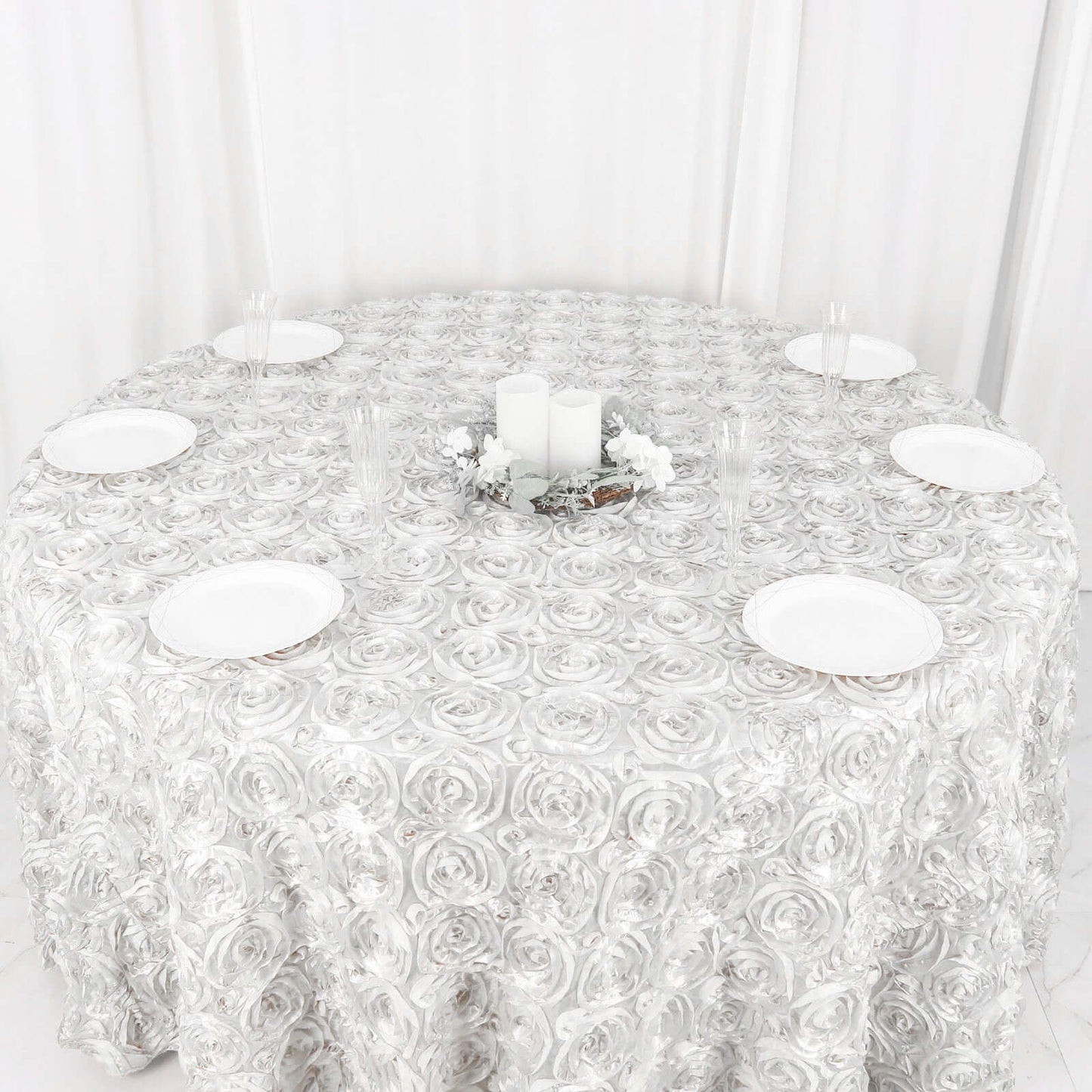 Satin 120" Round Tablecloth White - Grandiose 3D Rosette Design with Seamless Finish for Luxe Events - Linen Luxes