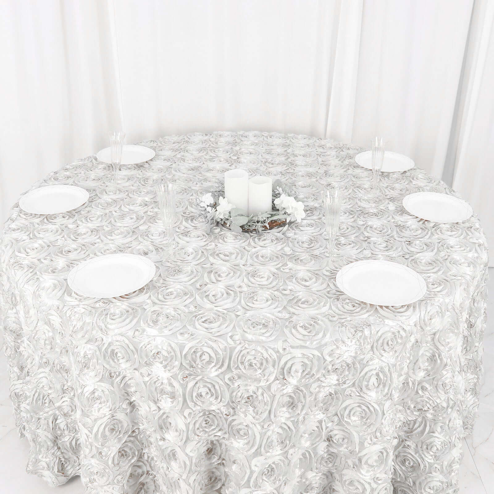 Satin 120" Round Tablecloth White - Grandiose 3D Rosette Design with Seamless Finish for Luxe Events - Linen Luxes