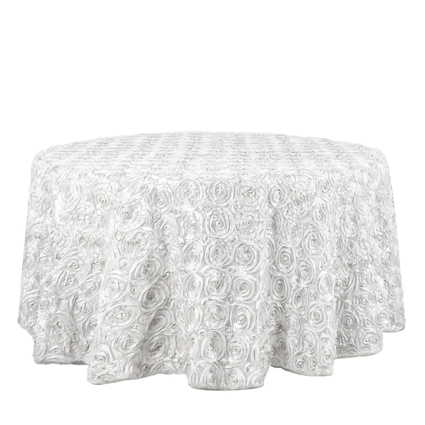 Satin 120" Round Tablecloth White - Grandiose 3D Rosette Design with Seamless Finish for Luxe Events - Linen Luxes