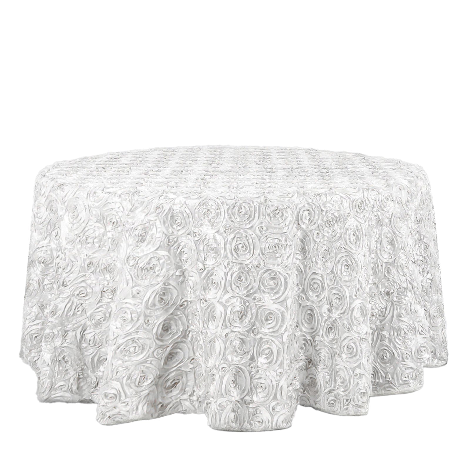 Satin 120" Round Tablecloth White - Grandiose 3D Rosette Design with Seamless Finish for Luxe Events - Linen Luxes