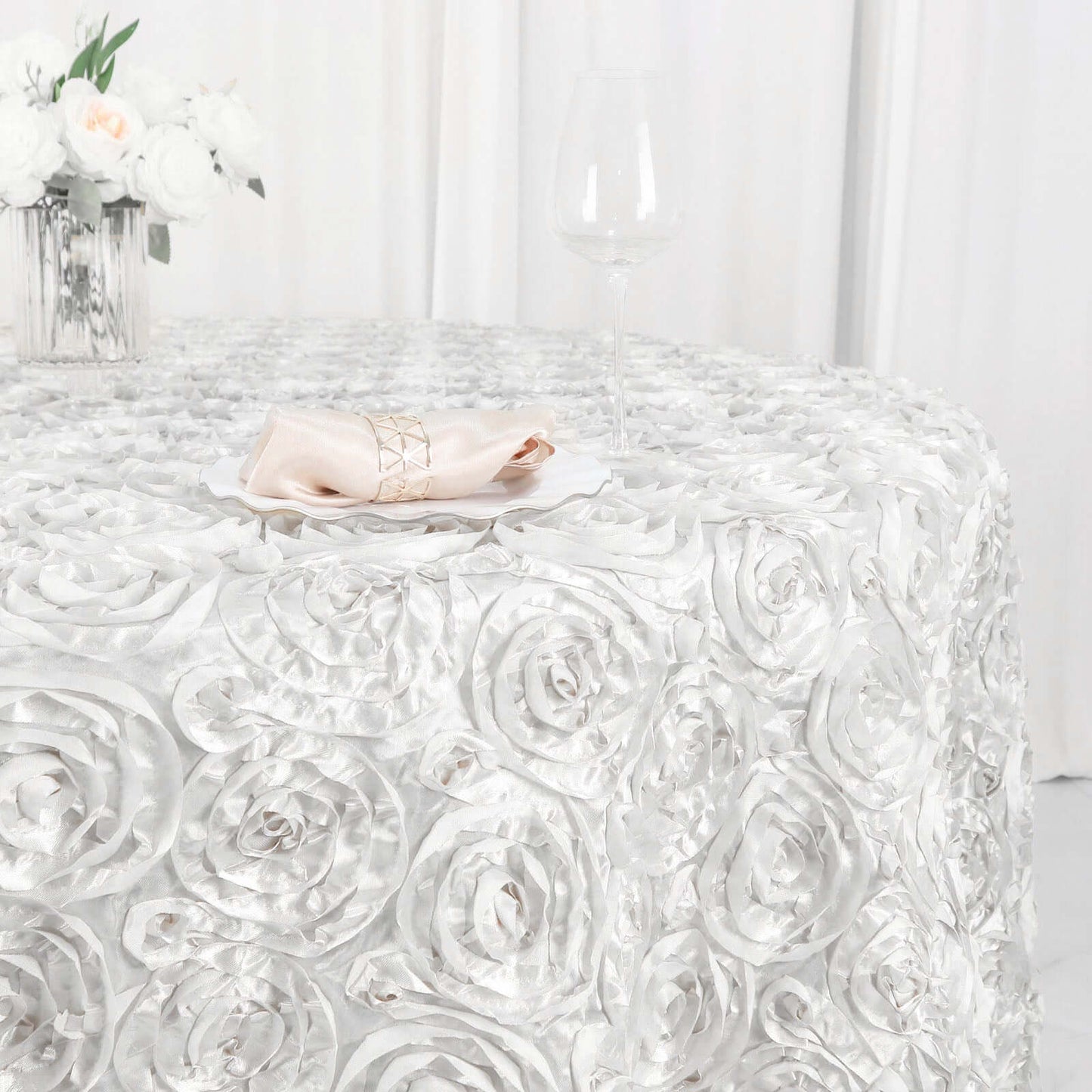 Satin 120" Round Tablecloth White - Grandiose 3D Rosette Design with Seamless Finish for Luxe Events - Linen Luxes