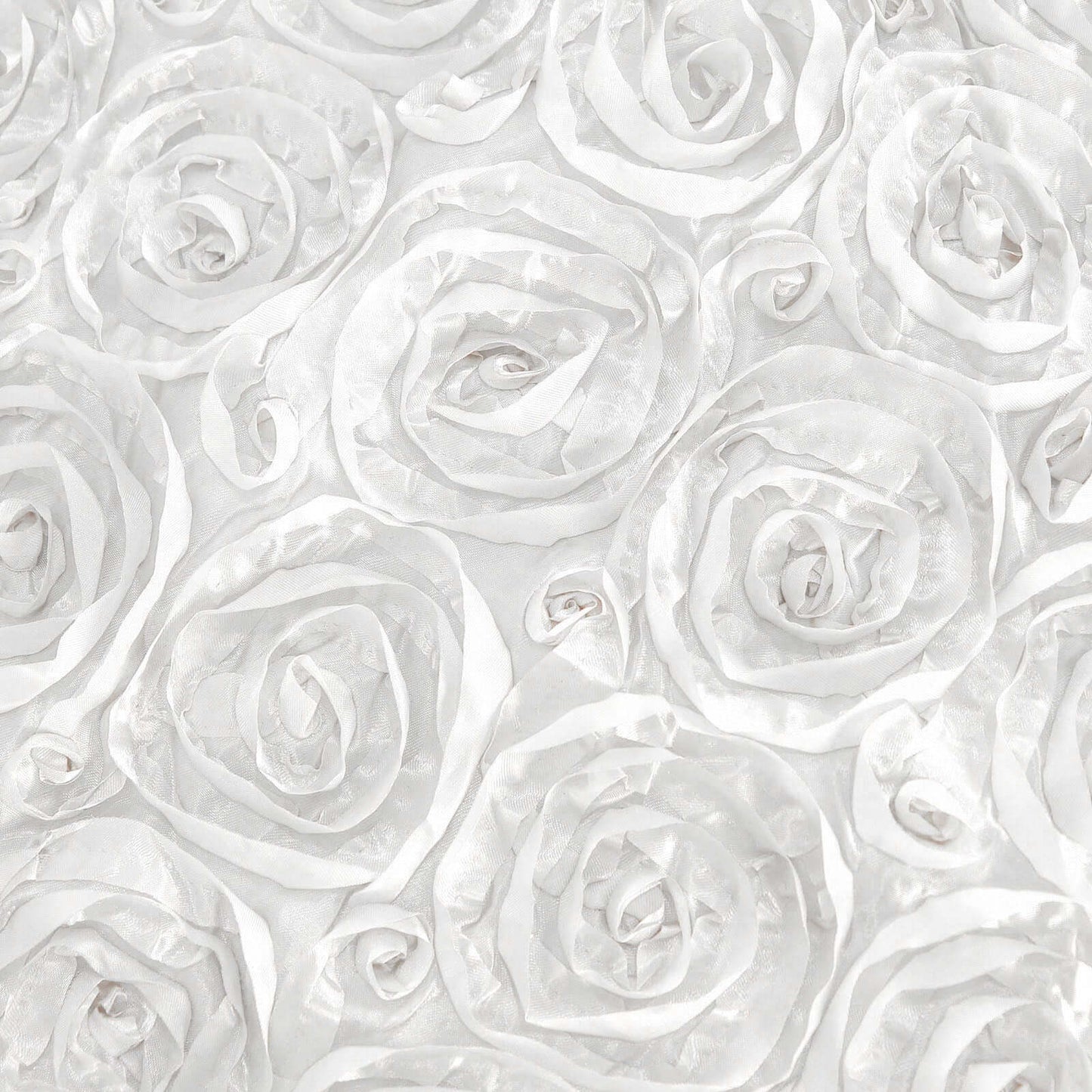 Satin 120" Round Tablecloth White - Grandiose 3D Rosette Design with Seamless Finish for Luxe Events - Linen Luxes