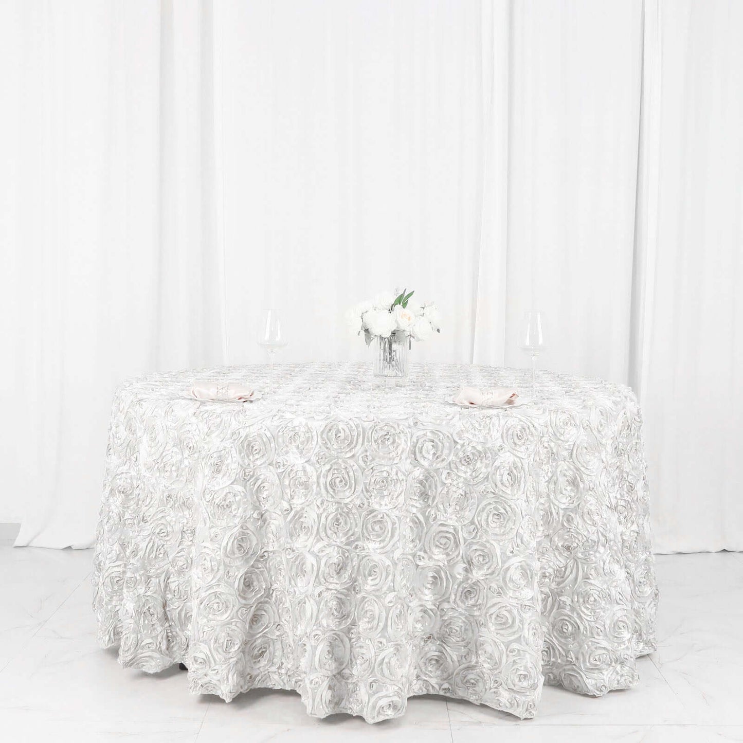 Satin 120" Round Tablecloth White - Grandiose 3D Rosette Design with Seamless Finish for Luxe Events - Linen Luxes