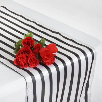 Satin 12"x108" Table Runner Black/White Asymmetric Stripe - Modern Chic Table Decor - Linen Luxes