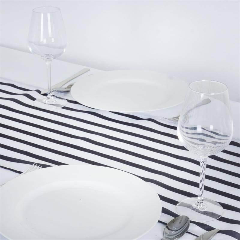 Satin 12"x108" Table Runner Black/White Asymmetric Stripe - Modern Chic Table Decor - Linen Luxes
