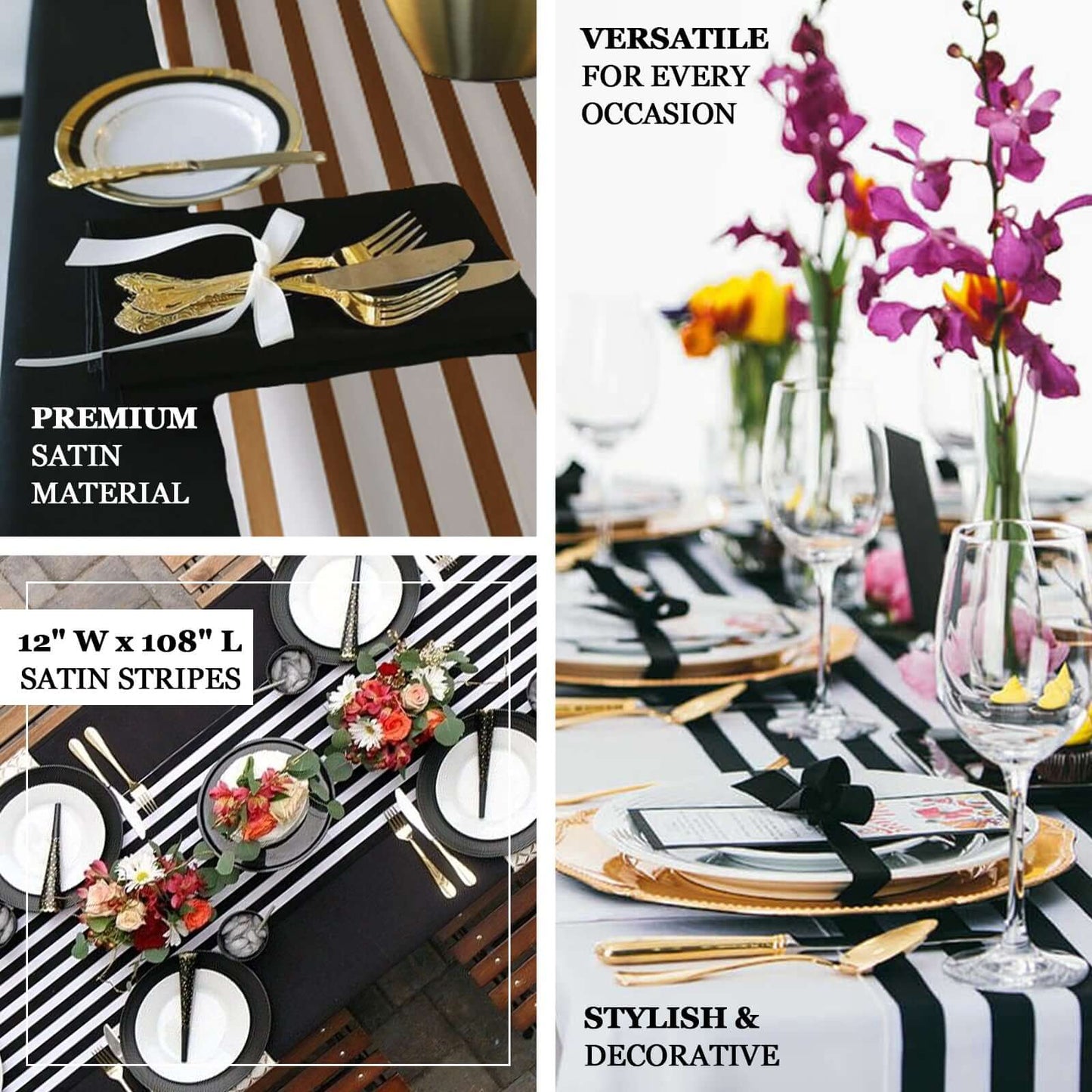 Satin 12"x108" Table Runner Black/White Asymmetric Stripe - Modern Chic Table Decor - Linen Luxes
