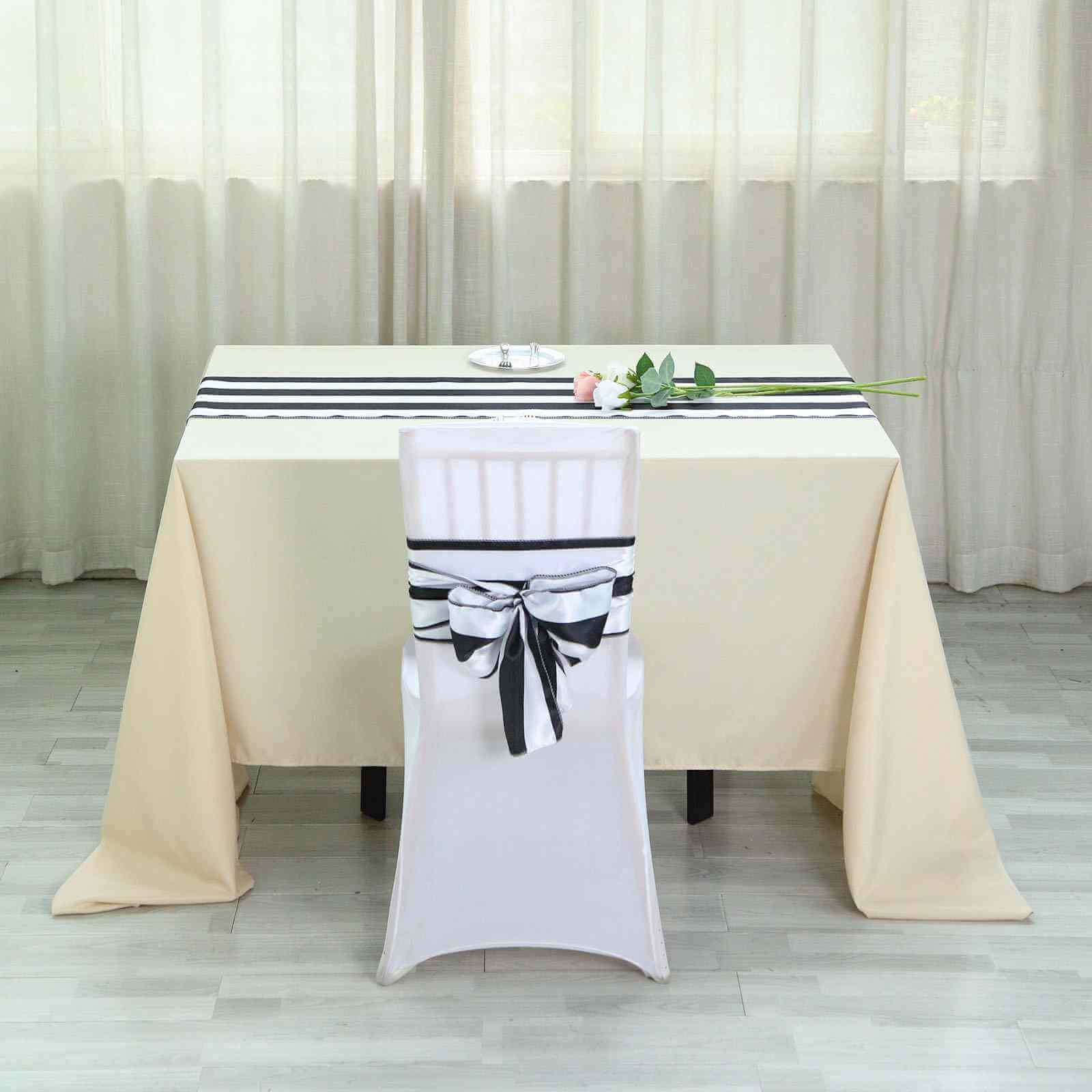 Satin 12"x108" Table Runner Black/White Stripe - Classic & Exquisite Table Decor - Linen Luxes