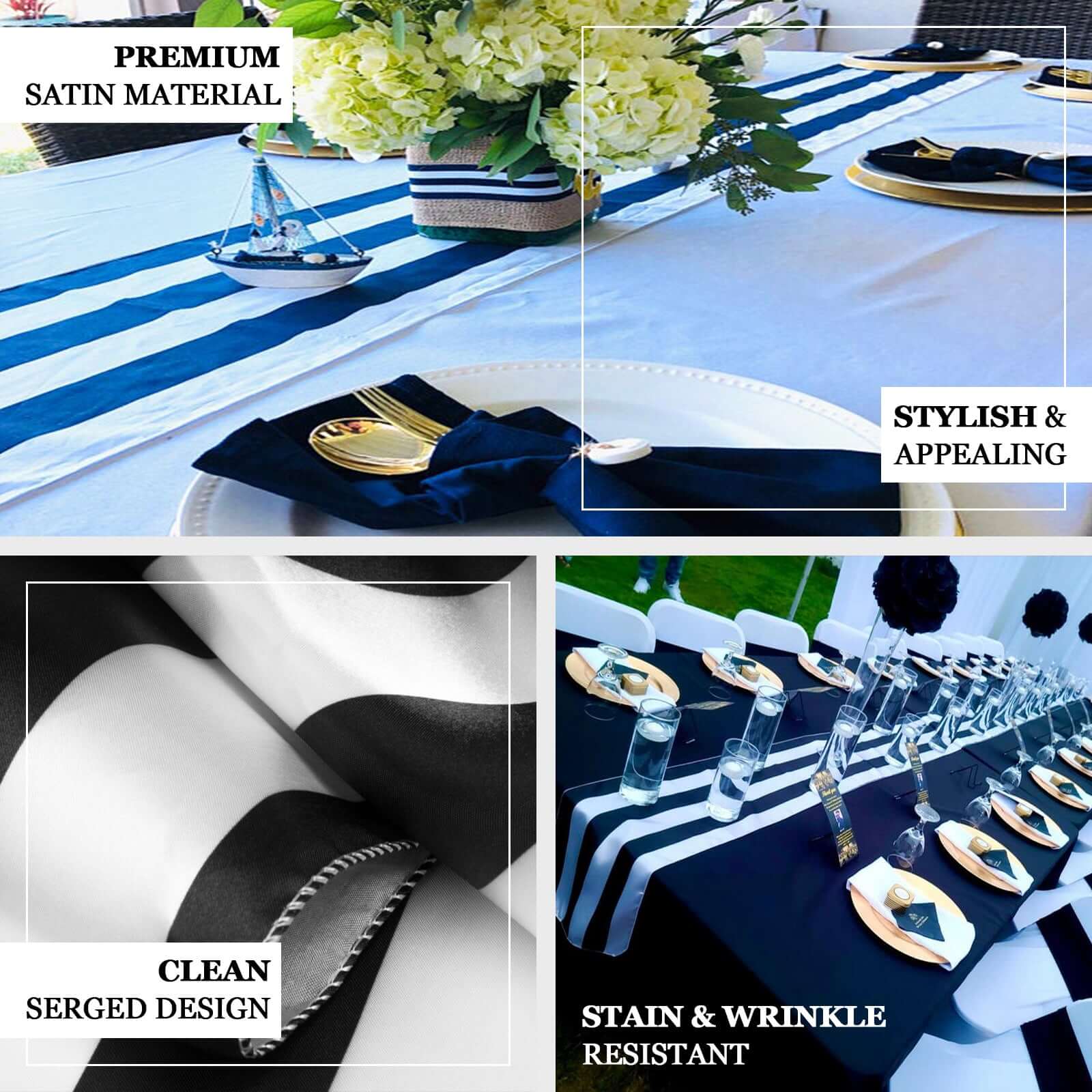 Satin 12"x108" Table Runner Black/White Stripe - Classic & Exquisite Table Decor - Linen Luxes