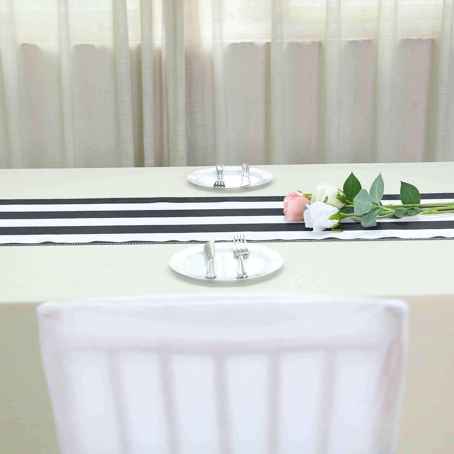 Satin 12"x108" Table Runner Black/White Stripe - Classic & Exquisite Table Decor - Linen Luxes