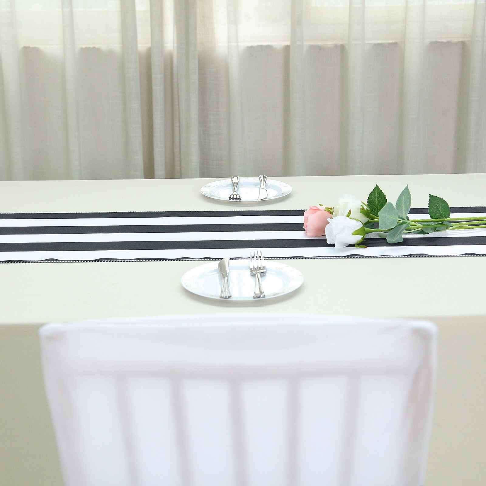 Satin 12"x108" Table Runner Black/White Stripe - Classic & Exquisite Table Decor - Linen Luxes