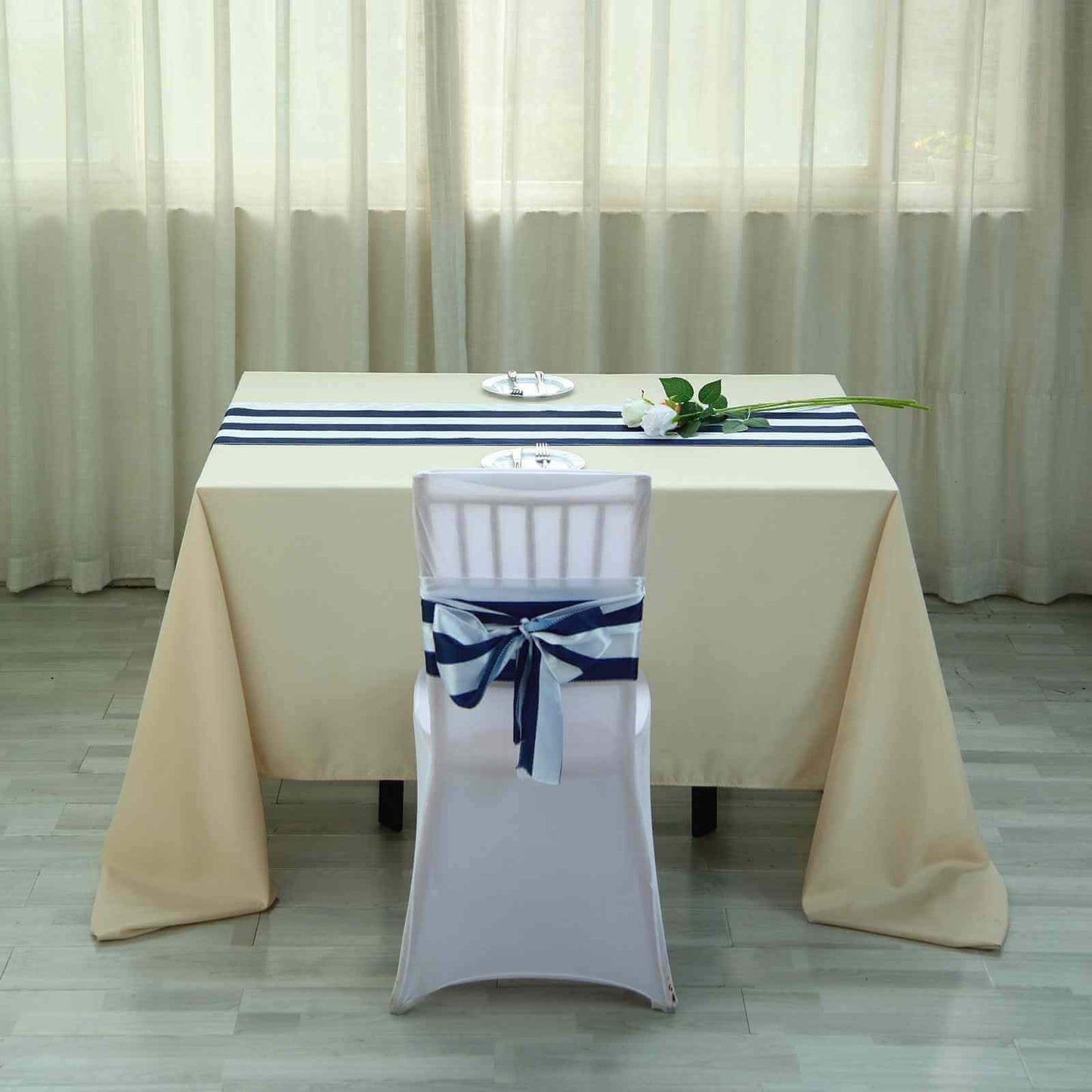 Satin 12"x108" Table Runner Navy Blue/White Stripe - Classic Striped Design - Linen Luxes