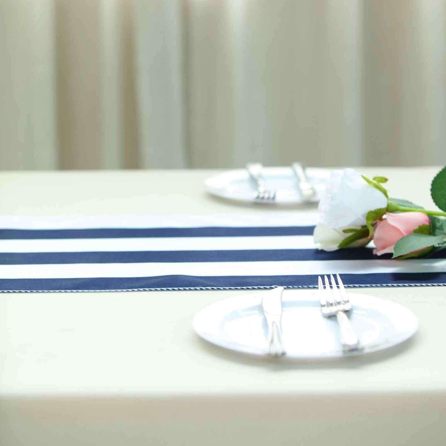 Satin 12"x108" Table Runner Navy Blue/White Stripe - Classic Striped Design - Linen Luxes