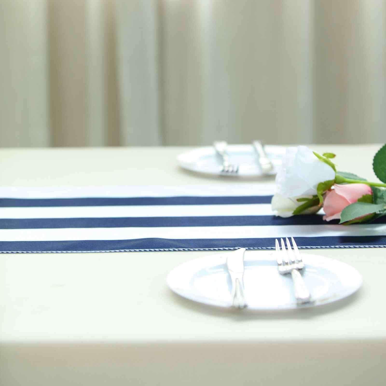 Satin 12"x108" Table Runner Navy Blue/White Stripe - Classic Striped Design - Linen Luxes