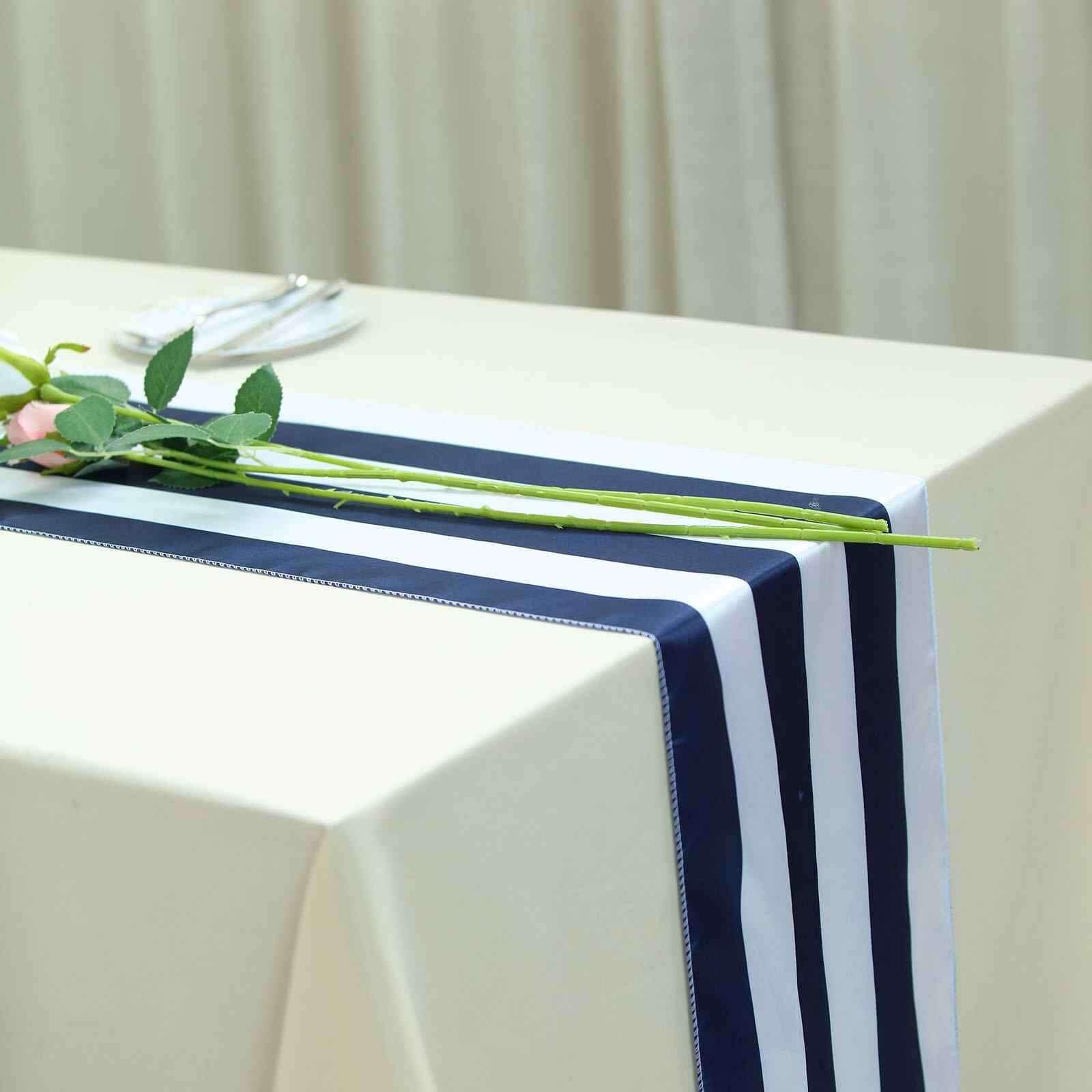 Satin 12"x108" Table Runner Navy Blue/White Stripe - Classic Striped Design - Linen Luxes