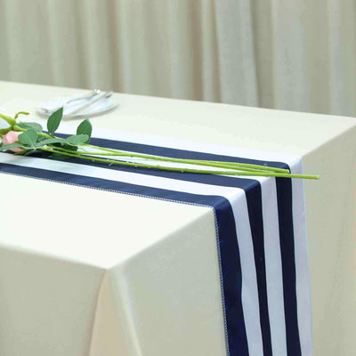Satin 12"x108" Table Runner Navy Blue/White Stripe - Classic Striped Design - Linen Luxes