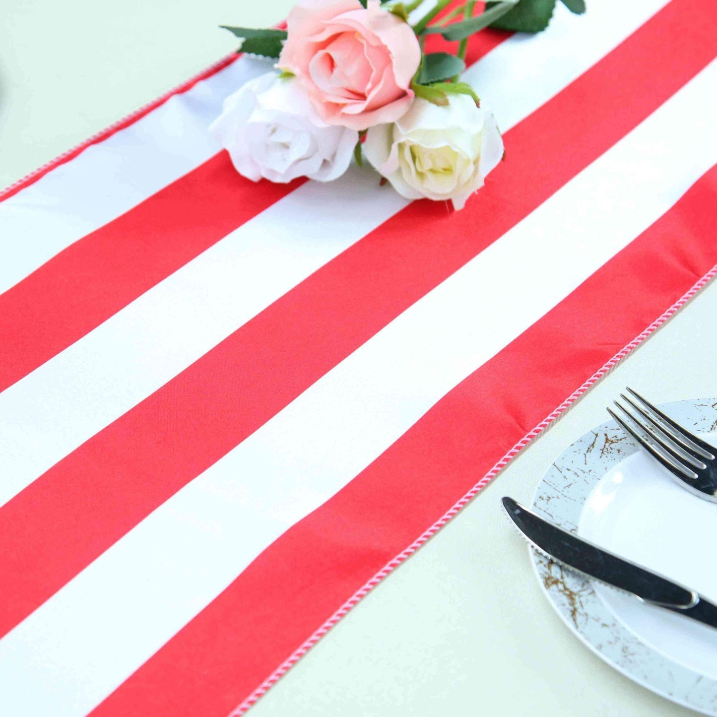 Satin 12"x108" Table Runner Red/White Stripe - Classic Striped Design - Linen Luxes