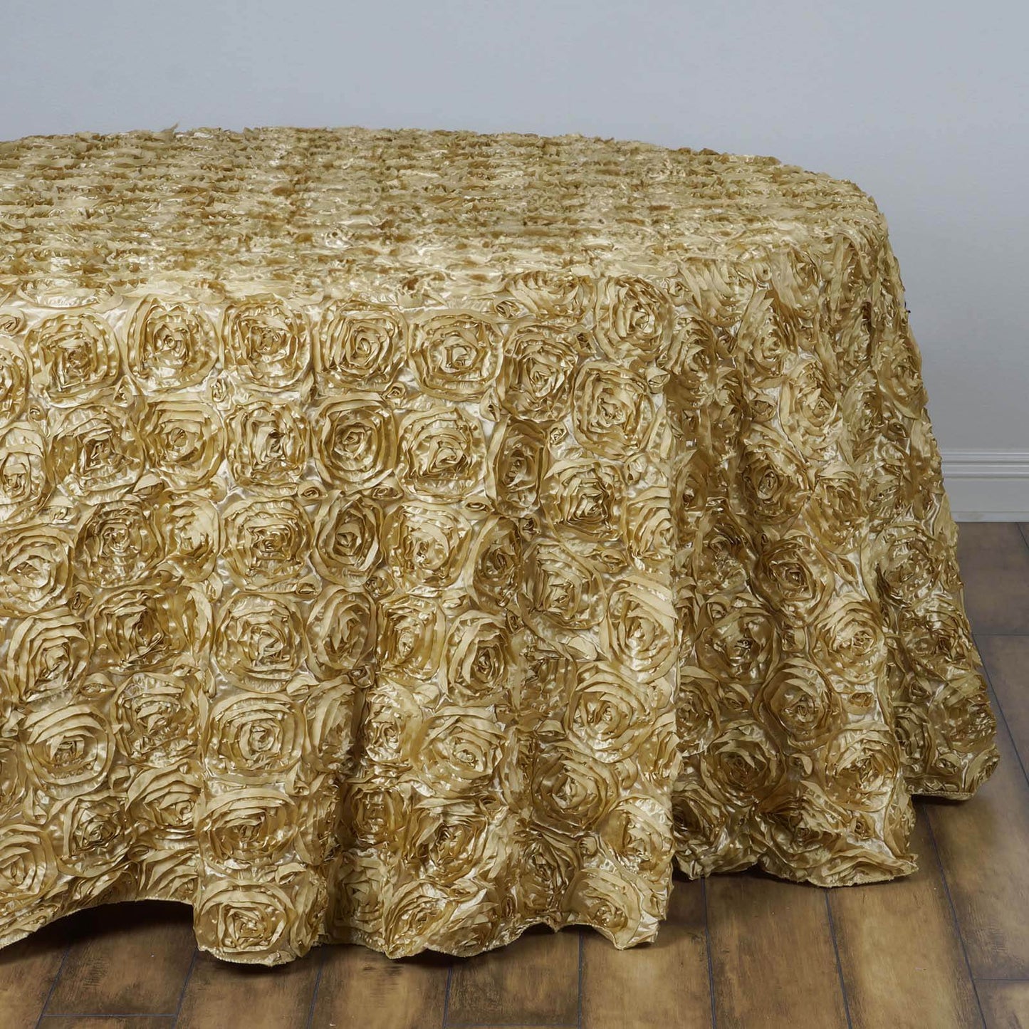 Satin 132" Round Tablecloth Champagne - Seamless Grandiose 3D Rosette Table Cover - Linen Luxes