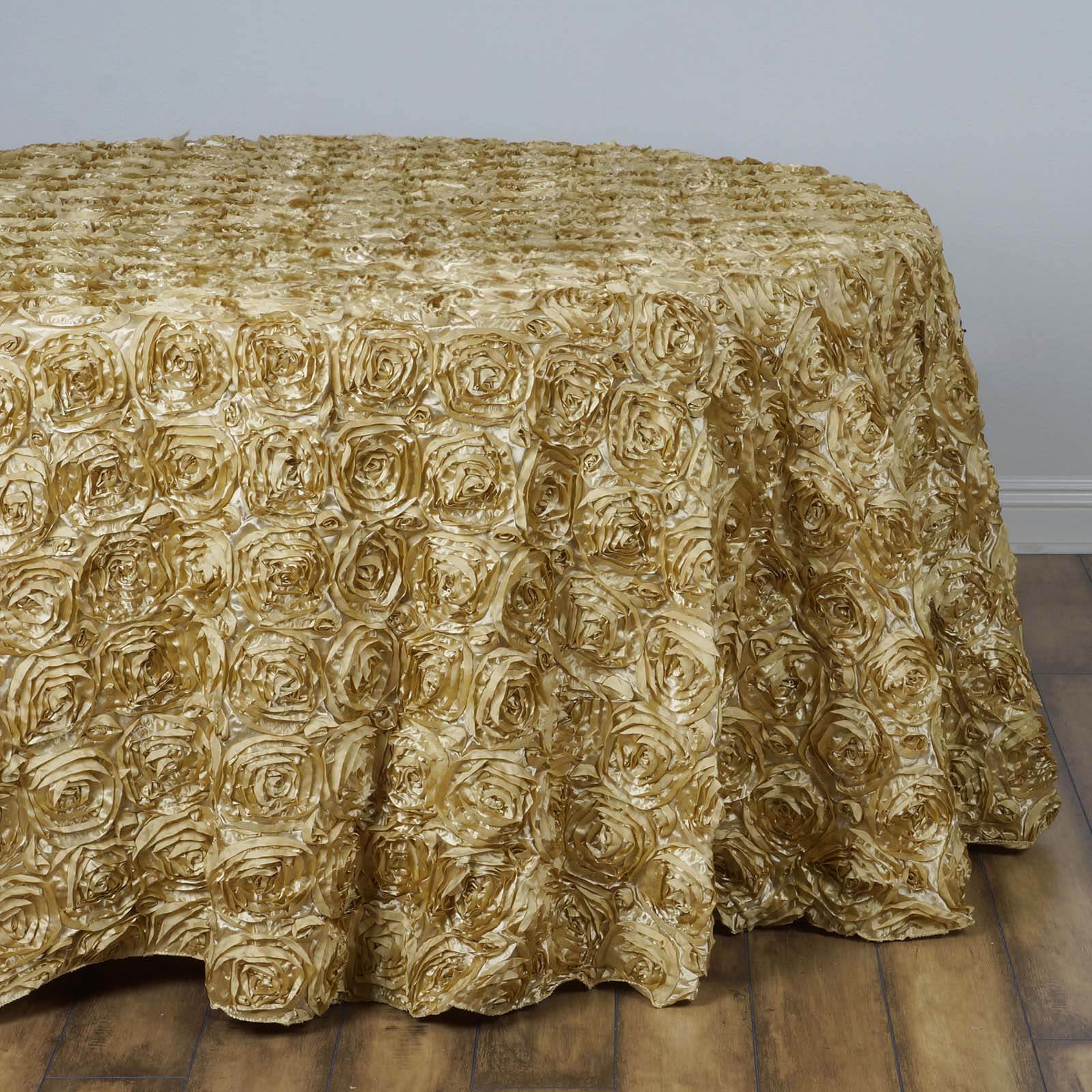 Satin 132" Round Tablecloth Champagne - Seamless Grandiose 3D Rosette Table Cover - Linen Luxes