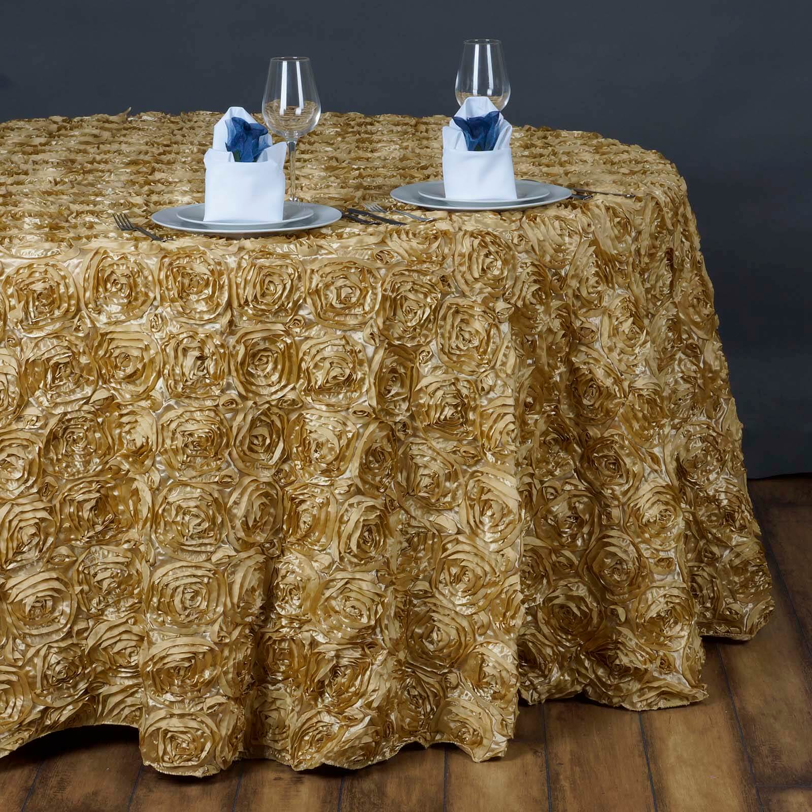 Satin 132" Round Tablecloth Champagne - Seamless Grandiose 3D Rosette Table Cover - Linen Luxes