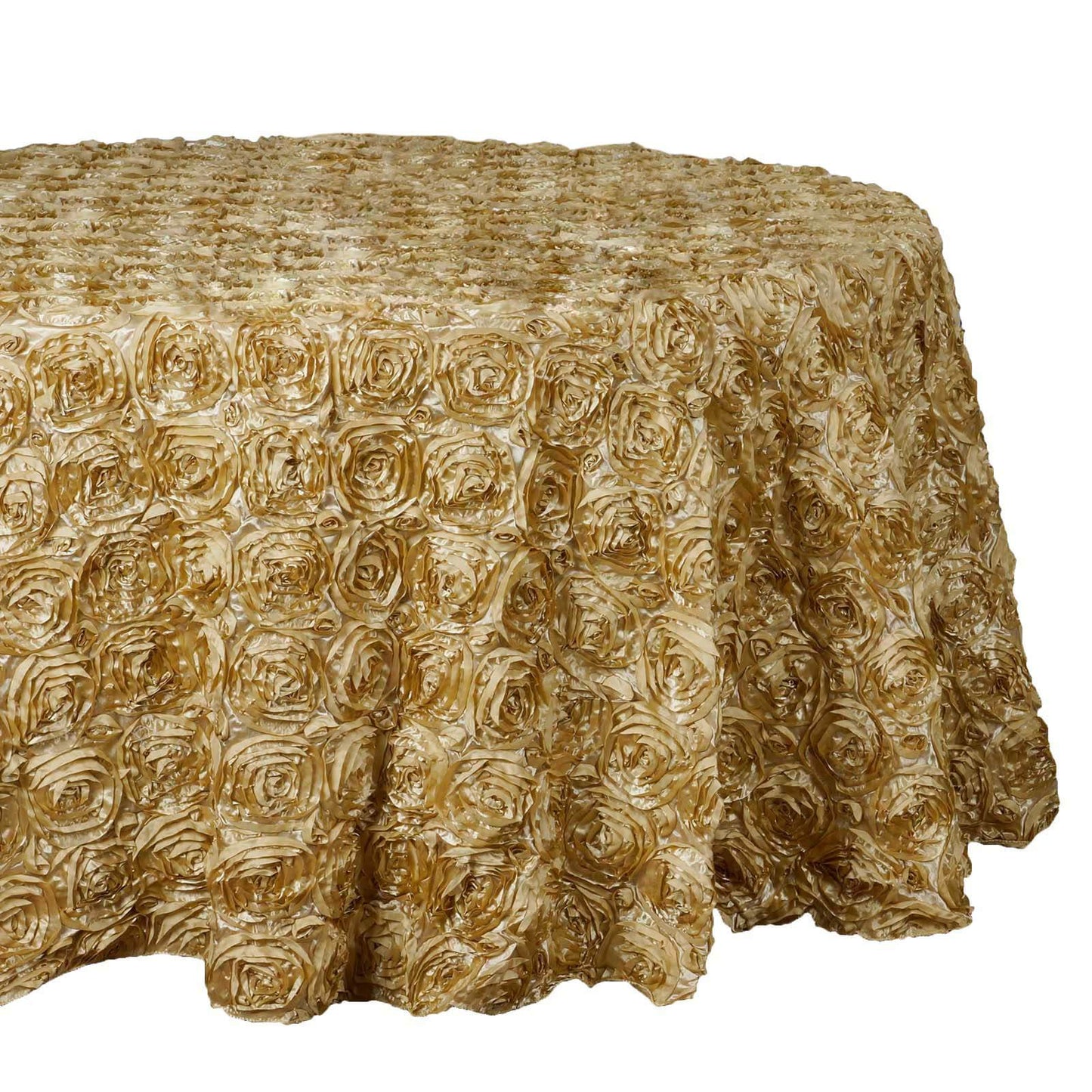 Satin 132" Round Tablecloth Champagne - Seamless Grandiose 3D Rosette Table Cover - Linen Luxes