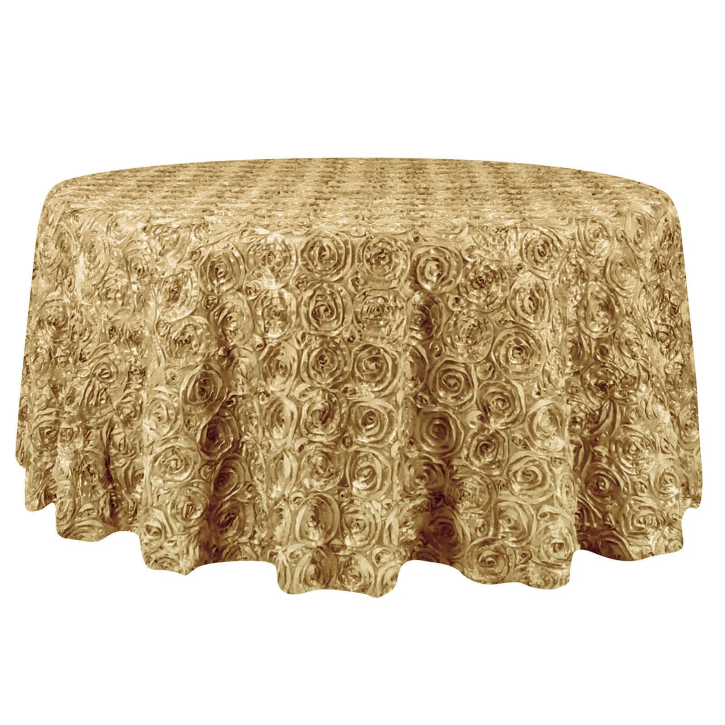 Satin 132" Round Tablecloth Champagne - Seamless Grandiose 3D Rosette Table Cover - Linen Luxes