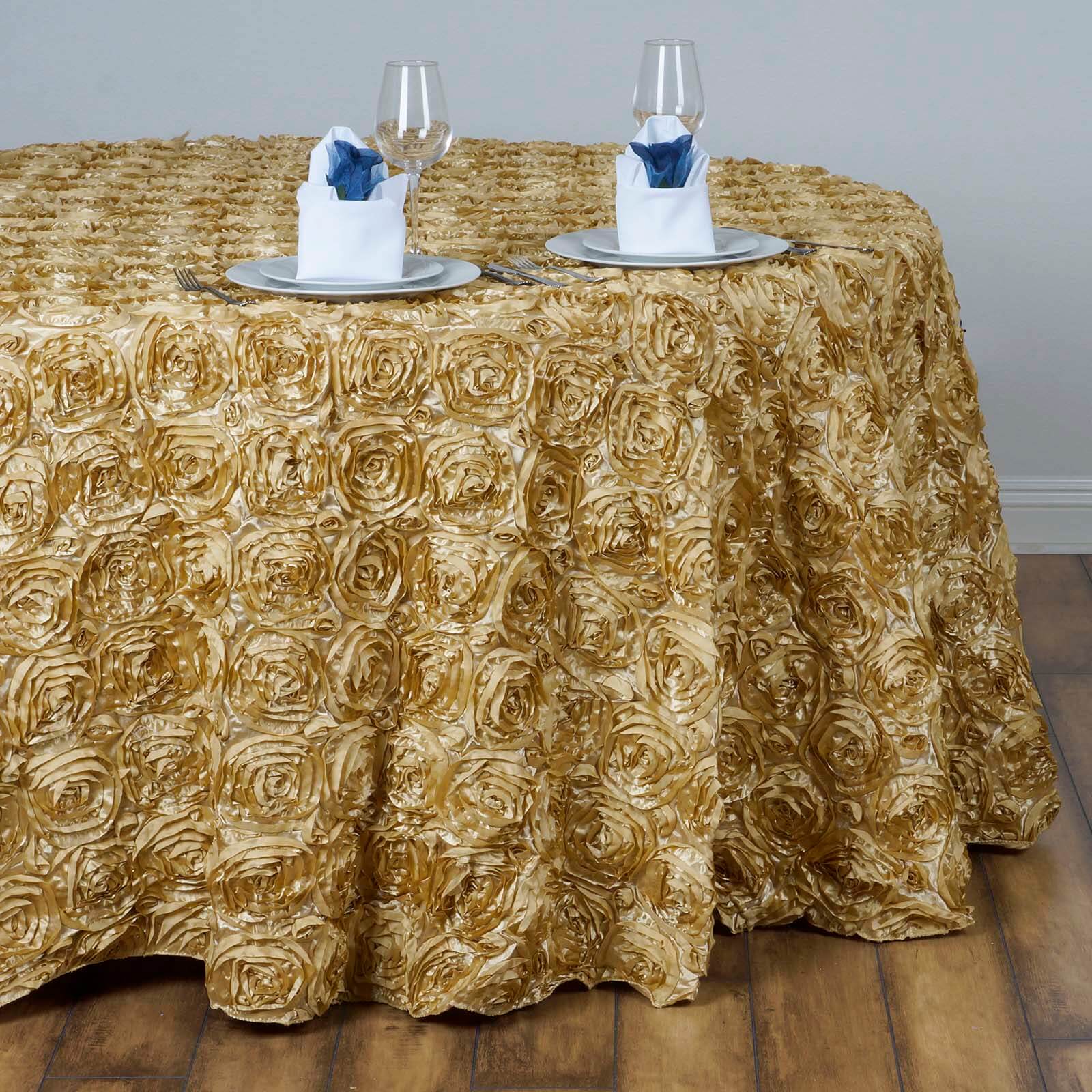 Satin 132" Round Tablecloth Champagne - Seamless Grandiose 3D Rosette Table Cover - Linen Luxes
