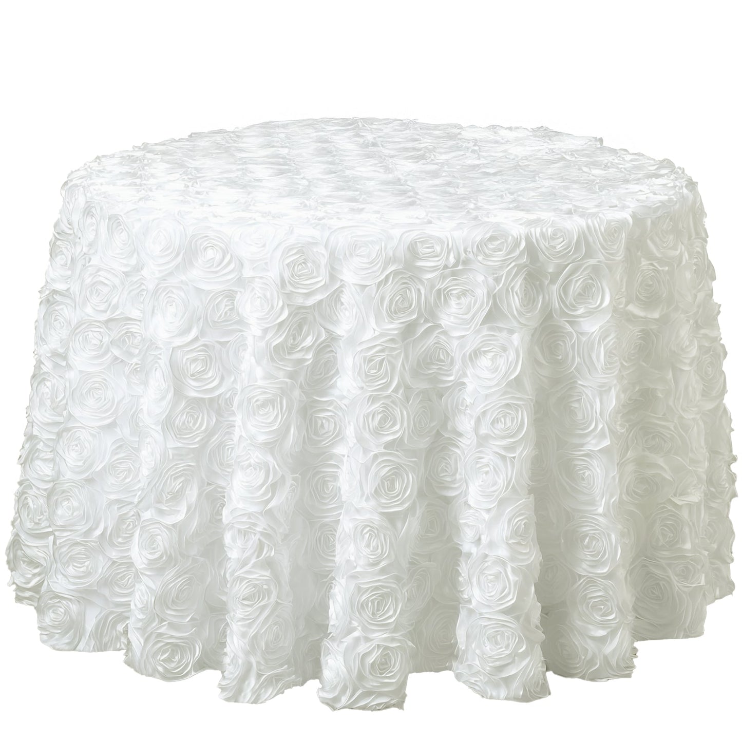 Satin 132" Round Tablecloth Ivory - Seamless Grandiose 3D Rosette Table Cover - Linen Luxes