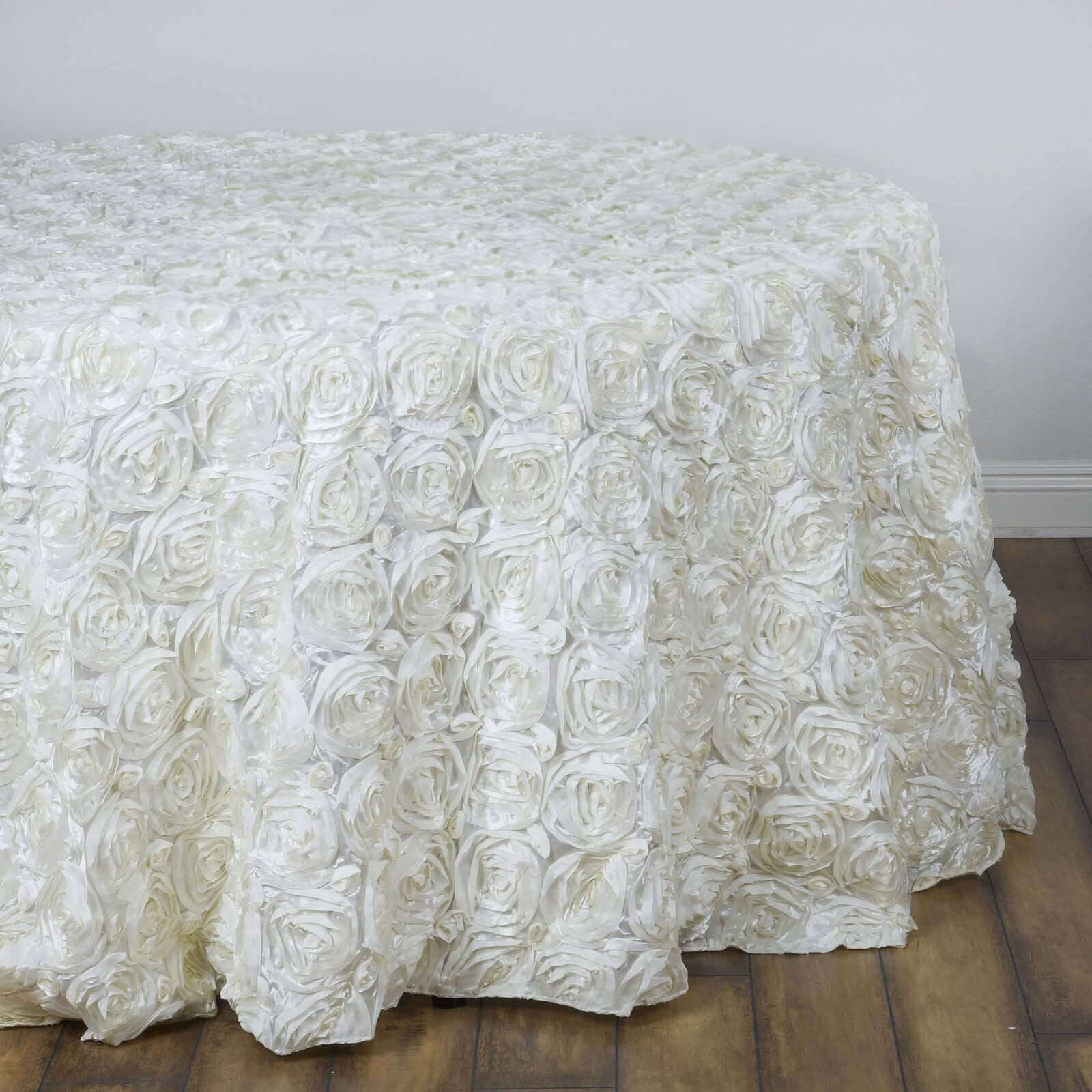 Satin 132" Round Tablecloth Ivory - Seamless Grandiose 3D Rosette Table Cover - Linen Luxes