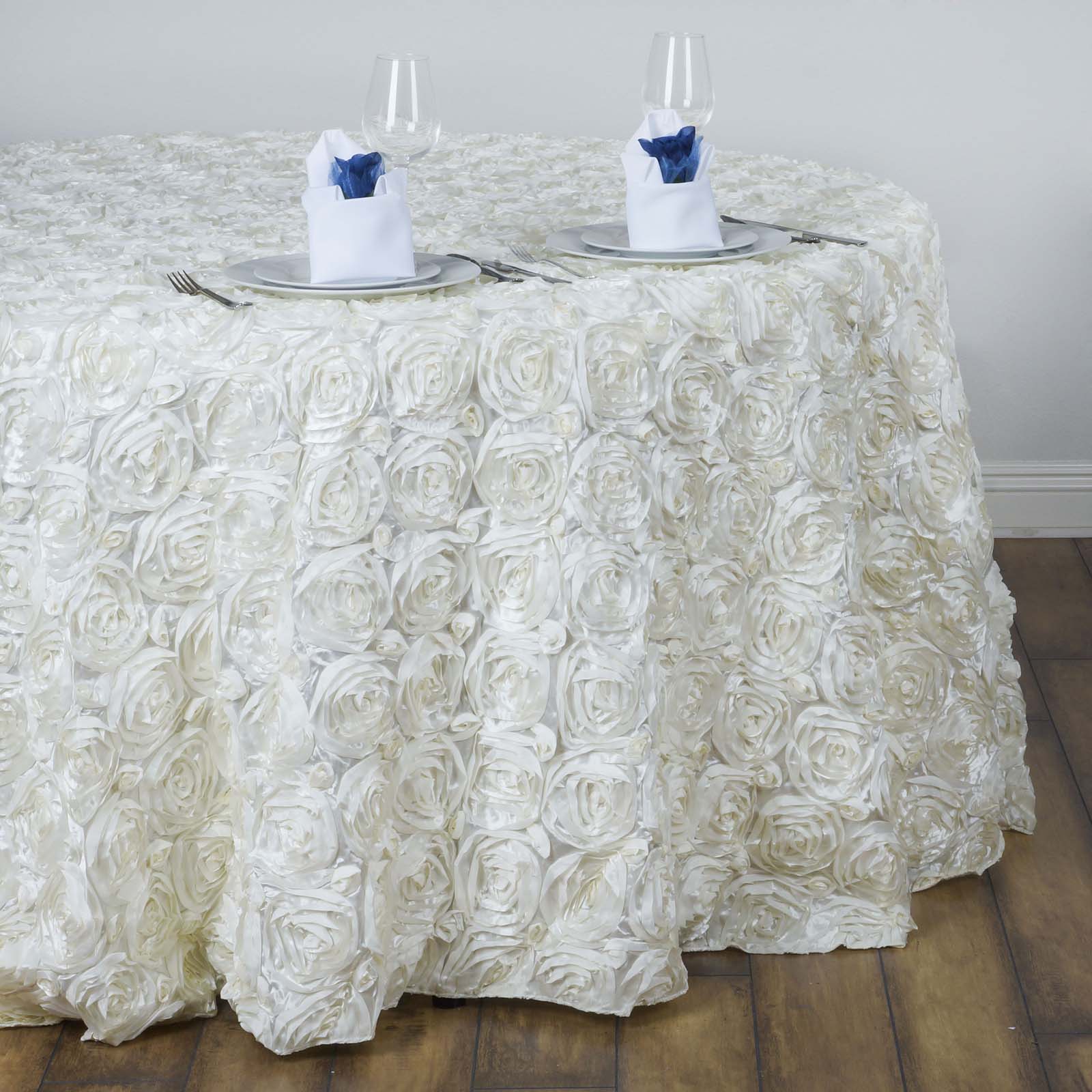 Satin 132" Round Tablecloth Ivory - Seamless Grandiose 3D Rosette Table Cover - Linen Luxes
