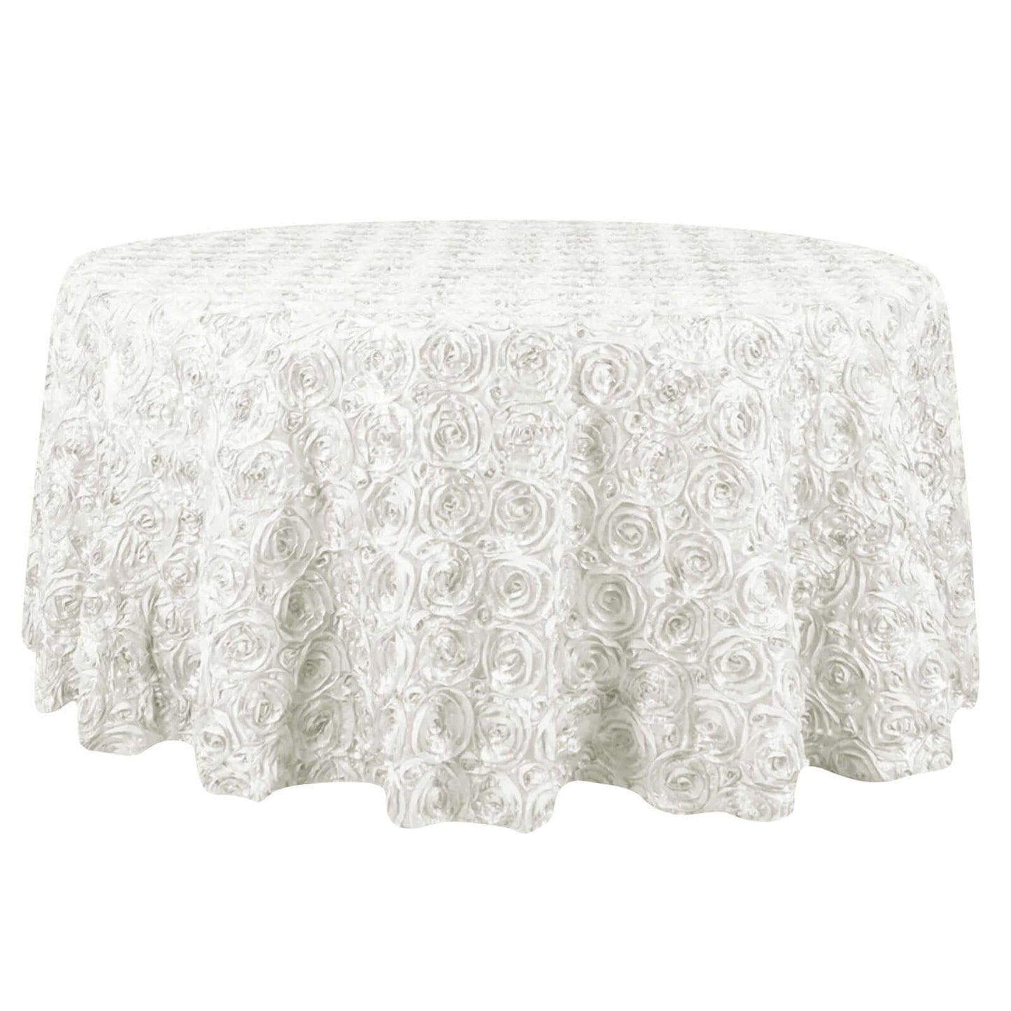 Satin 132" Round Tablecloth Ivory - Seamless Grandiose 3D Rosette Table Cover - Linen Luxes